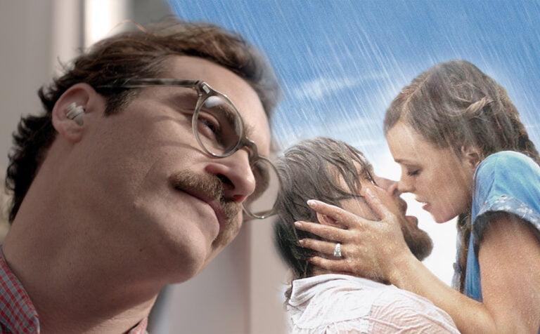 Mężczyzna w okularach patrzy w lewo, w tle widoczna para całująca się w deszczu.