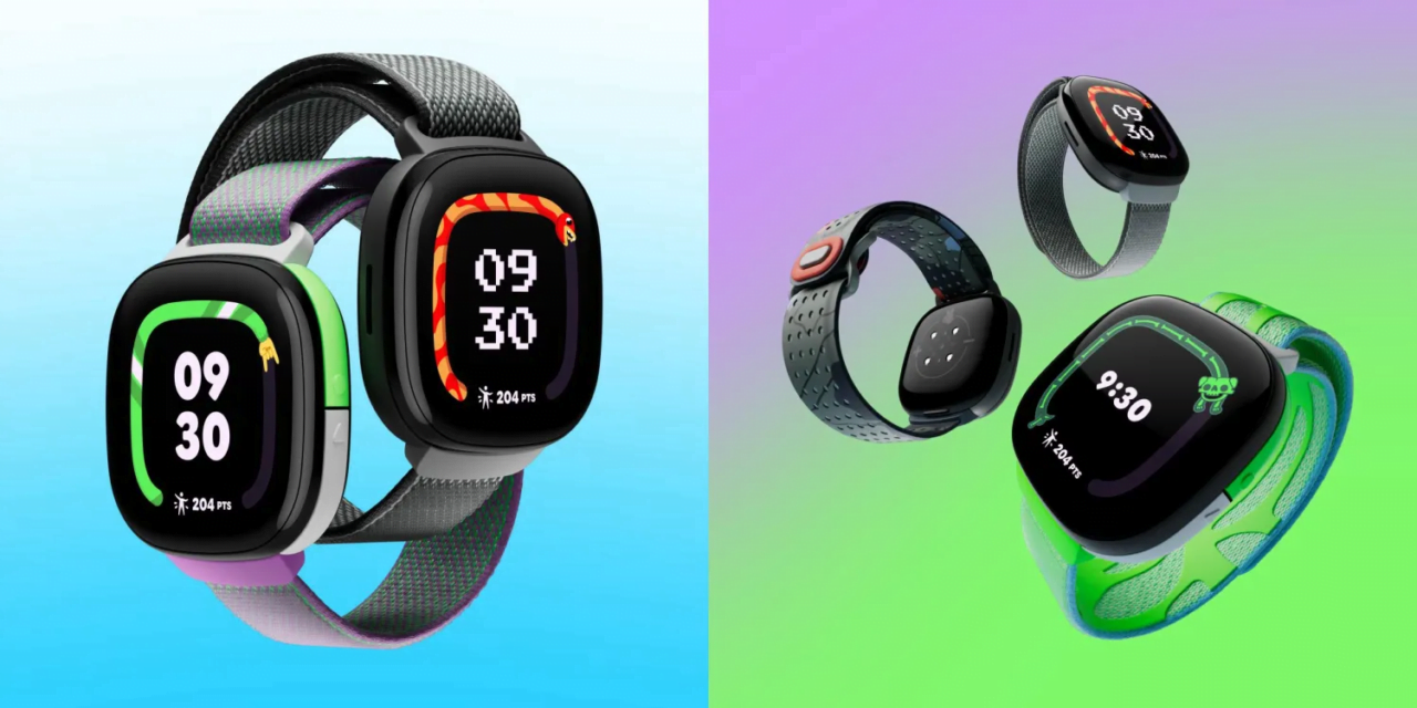 Smartwatche z kolorowymi paskami i tarczami wyświetlającymi różne motywy graficzne oraz czas.