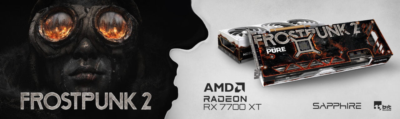 Baner reklamowy przedstawiający grę Frostpunk 2 i kartę graficzną AMD Radeon RX 7700 XT Sapphire Pure.