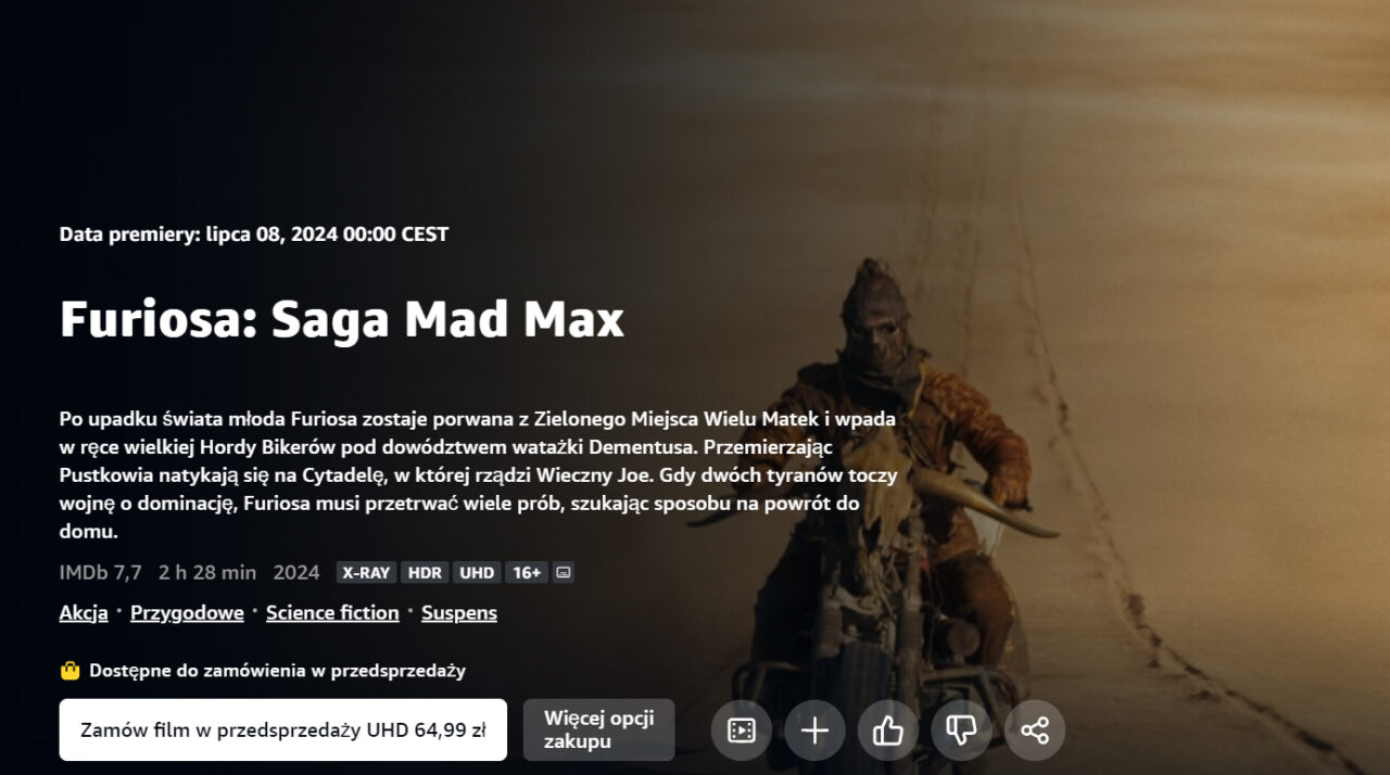 Plakat filmu "Furiosa: Saga Mad Max" - premiera 8 lipca 2024. Postać na motocyklu na pustynnym tle.