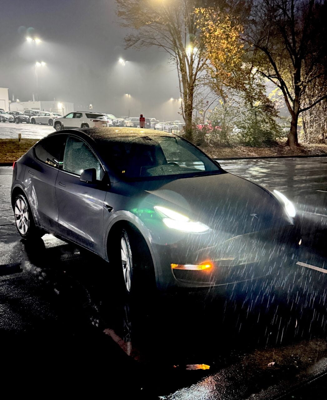 Czarny samochód marki Tesla zaparkowany na deszczowym parkingu w nocy, oświetlony przez latarnie.