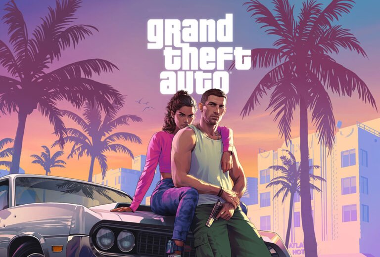 Plakat z gry "Grand Theft Auto" przedstawiający dwie postacie siedzące na masce samochodu na tle palm i budynków.