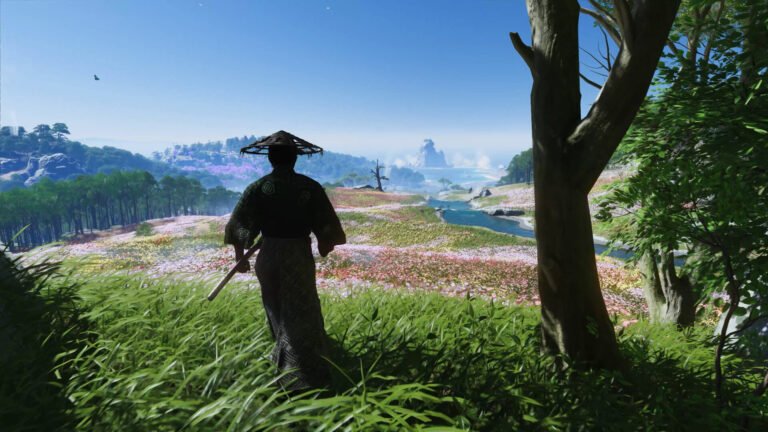 Samuraj stojący wśród trawy, patrzący na rozległą łąkę pokrytą kwiatami, z rzeką wijącą się w oddali i górą na horyzoncie.