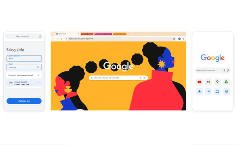 Kompozycja obrazów na komputerach z przykładowymi stronami internetowymi; po lewej stronie logowanie do sklepu internetowego, w środku strona główna Google z grafiką przedstawiającą sylwetki osób na żółtym tle, po prawej minimalna strona wyszukiwania Google.