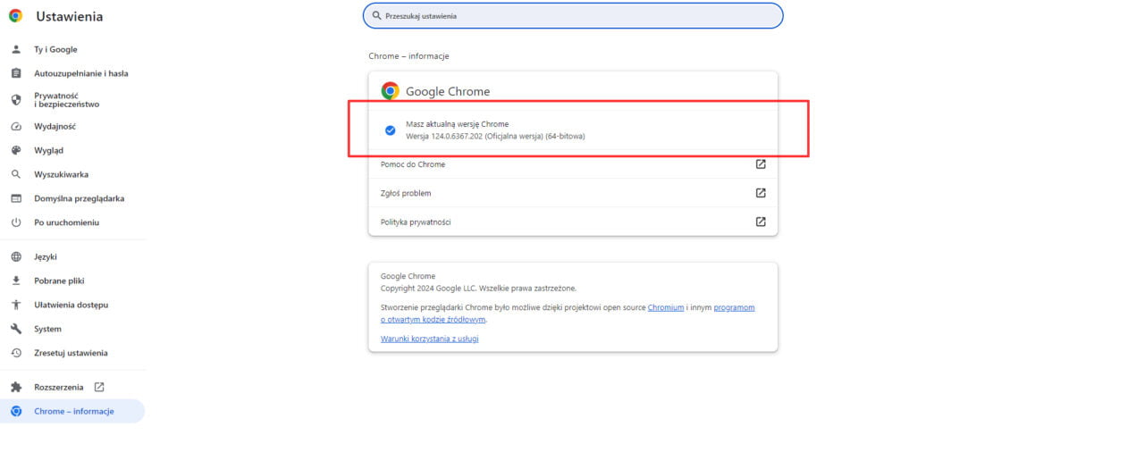 Ekran ustawień przeglądarki Google Chrome pokazujący aktualną wersję oprogramowania.