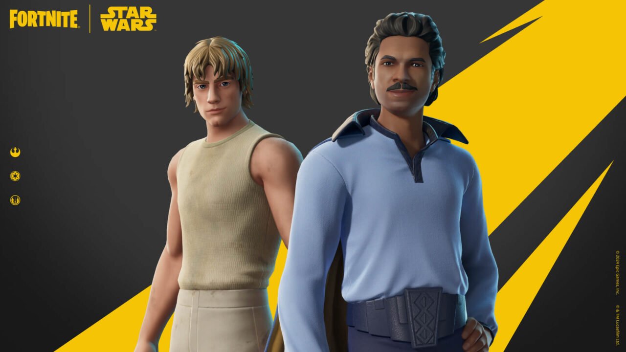 Postaci z Fortnite i Gwiezdnych Wojen, dwóch mężczyzn w stylizowanych strojach, na tle z logo Fortnite i Star Wars w kolorach żółtym i czarnym.