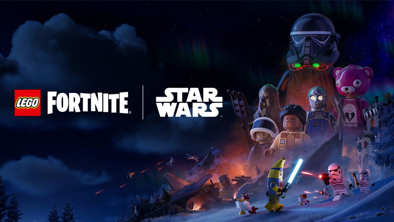 Ilustracja przedstawiająca postacie z LEGO, Fortnite i Gwiezdnych Wojen, w tym Darth Vadera i różnych bohaterów na tle zorzy polarnej i gwieździstego nieba.