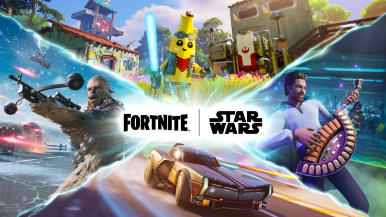 Dynamiczna grafika promująca współpracę pomiędzy Fortnite a Star Wars, przedstawiająca postacie z obu uniwersów, w tym Chewbaccę z karabinem, taneczną postać z instrumentem i postać Banana Jedi w towarzystwie futurystycznego pojazdu.