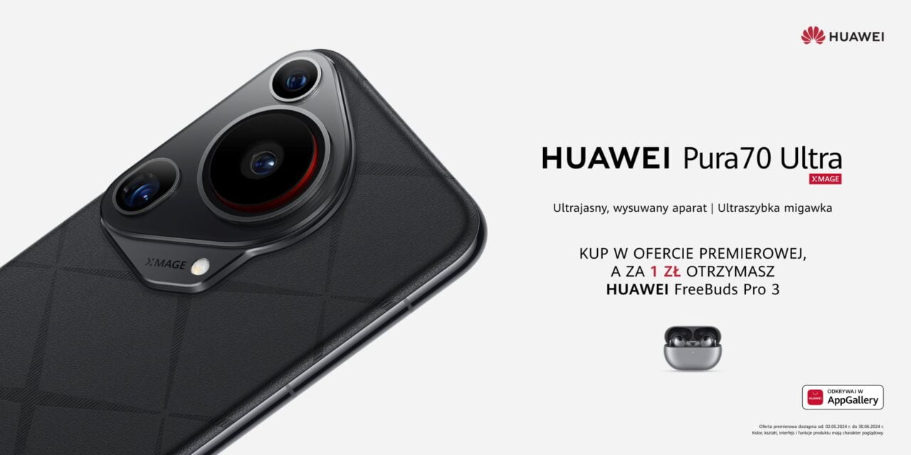 Czarny smartfon Huawei Pura70 Ultra z potrójnym aparatem na skórzanej teksturze oraz grafika promocyjna oferty i słuchawki.