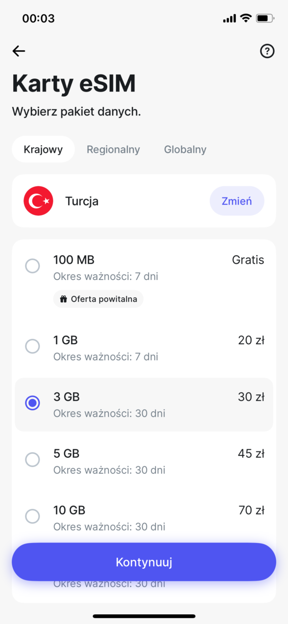 Wybór pakietu danych dla karty eSIM w Turcji. Dostępne opcje to 100 MB darmowe, 1 GB za 20 zł, 3 GB za 30 zł, 5 GB za 45 zł i 10 GB za 70 zł. Przyciski wyboru umieszczone obok ilości danych, przycisk kontynuacji na dole ekranu.