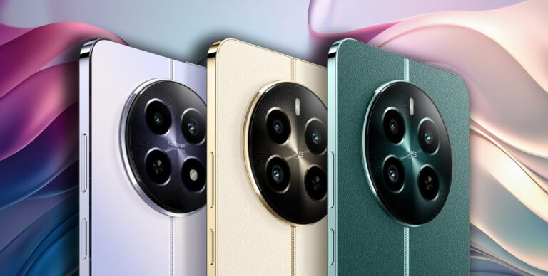 Smartfony realme seria 12. Trzy nowoczesne smartfony z okrągłymi aparatami z czterema obiektywami, w kolorach fioletowym, beżowym i zielonym.