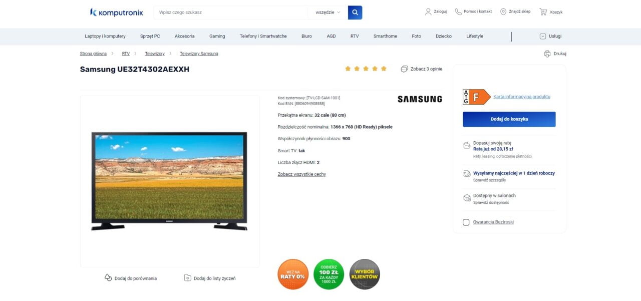 Strona produktu telewizora Samsung UE32T4302AEXXH na stronie Komputronik, z ceną 982 zł oraz szczegółami technicznymi i opcjami zakupu.