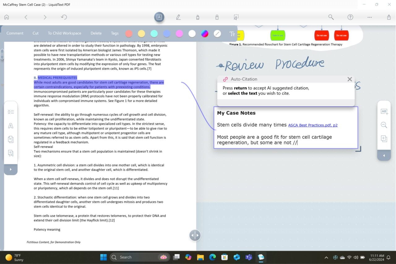 Zrzut ekranu dokumentu PDF dotyczącego wymagań medycznych kwalifikujących pacjentów do regeneracji chrząstki przy użyciu komórek macierzystych. Dokument zawiera notatki dotyczące podziału komórek macierzystych.