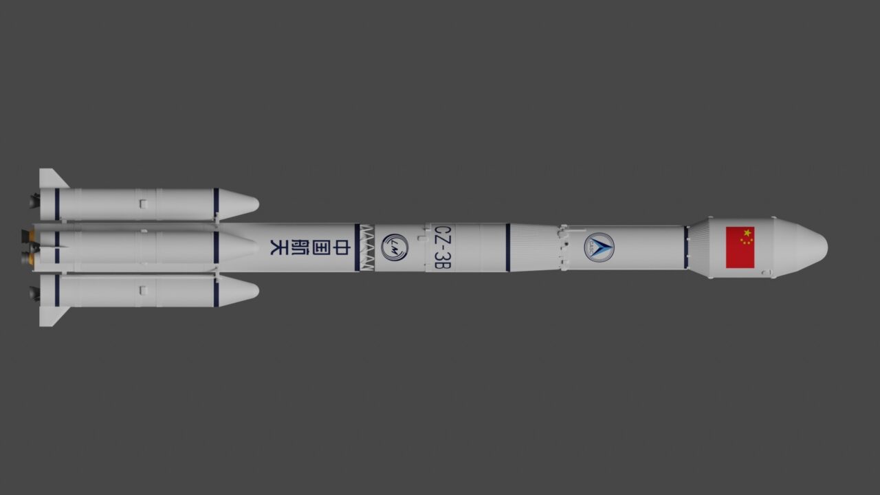Chińska rakieta nośna typu CZ-3B z dwoma bocznymi stopniami napędowymi, przedstawiona na szarym tle.