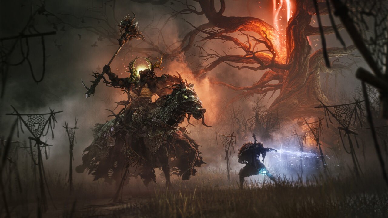 Scena fantasy z rycerzem na opancerzonym stworze w mrocznym, gęstym lesie, otoczonym przez mistyczne drzewa i mgliste światło.