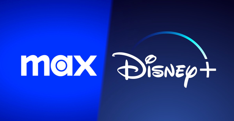 Logo MAX i Disney+ na dwóch oddzielnych ciemnoniebieskich bloczkach koloru.