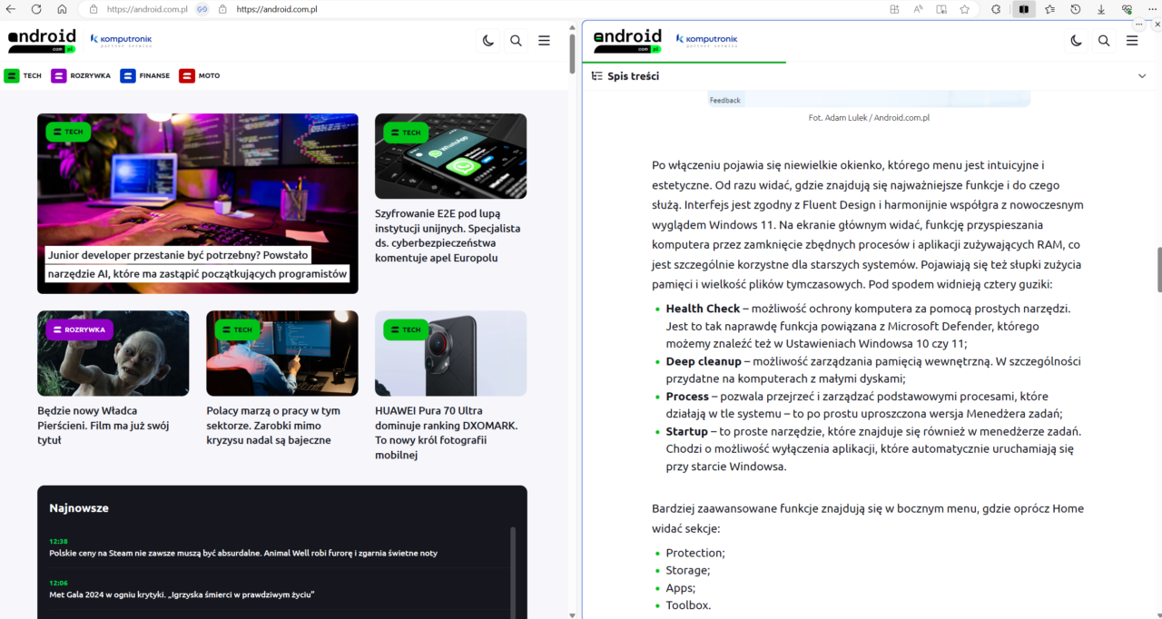 Dwie witryny włączone w jednym oknie w ramach funkcji podzielonego ekranu w Microsoft Edge