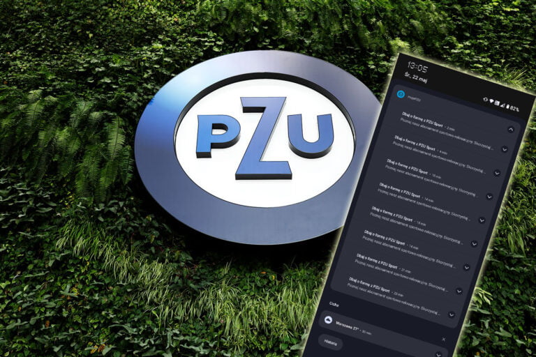 Logo PZU na tle roślinności oraz ekran telefonu z aplikacją mojePZU.