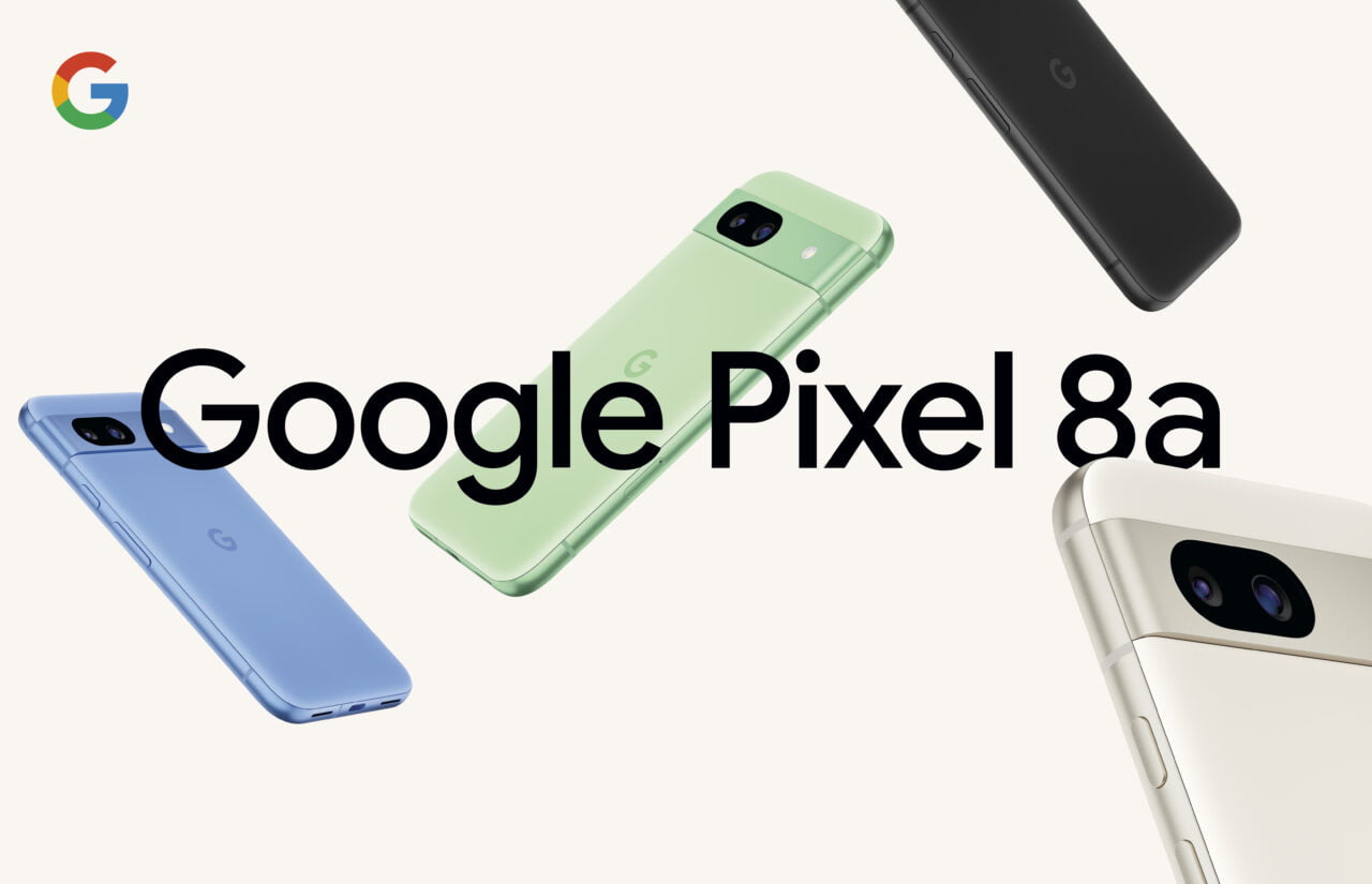 Reklama smartfonów Google Pixel 8a w różnych kolorach z logo Google i nazwą modelu.