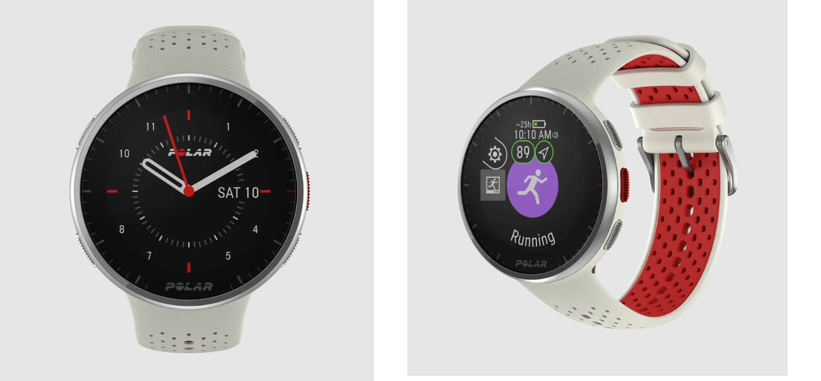 Dwa widoki białego smartwatcha z czerwonymi akcentami.