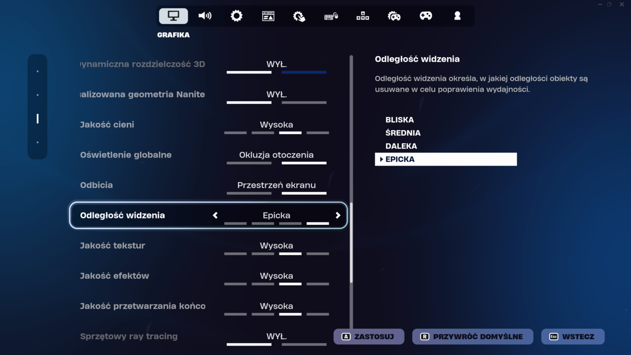 Menu ustawień graficznych gry komputerowej z zaznaczoną opcją "Odległość widzenia" na poziomie "Epicka".