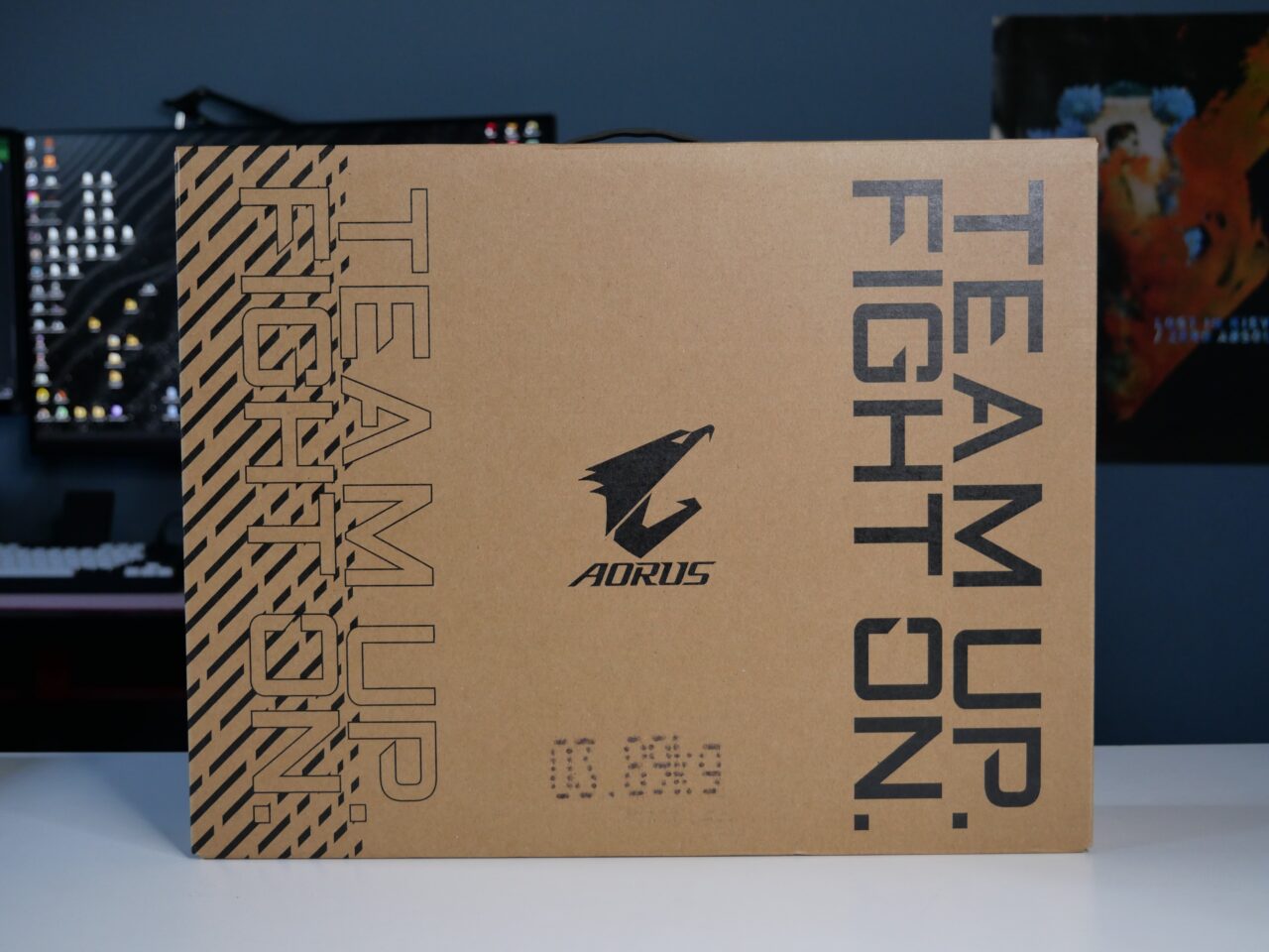Brązowe pudełko z napisem "TEAM UP. FIGHT ON." i logo AORUS.