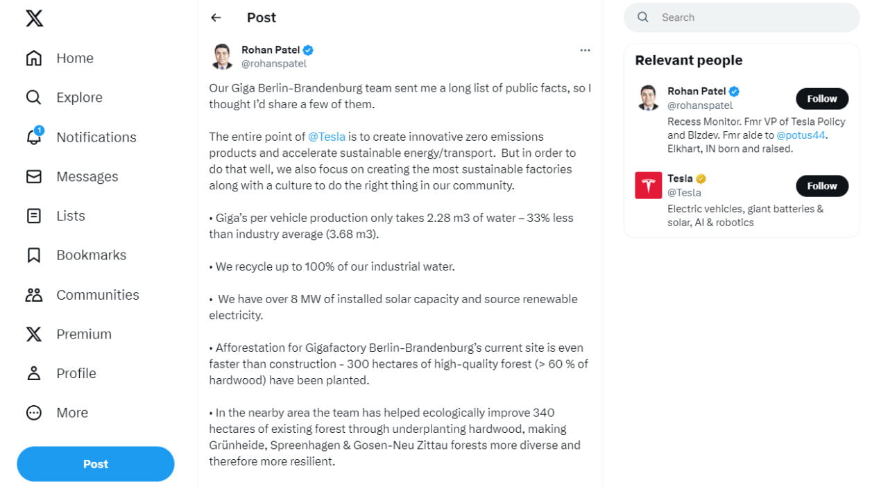 Zrzut ekranu z aplikacji Twitter pokazujący post użytkownika Rohan Patel dotyczący zrównoważonych praktyk fabryki Tesla Giga Berlin-Brandenburg, z informacjami o oszczędności wody, recyklingu i instalacji solarnych.