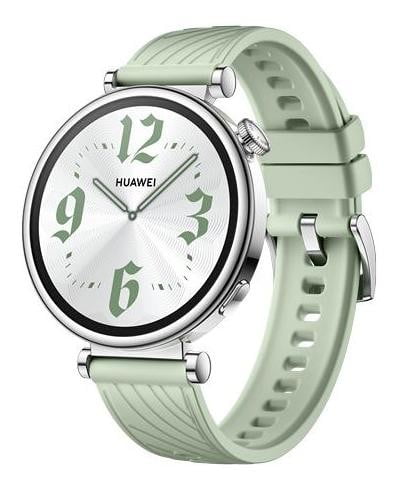 Smartwatch Huawei verde com mostrador analógico e pulseira de silicone.