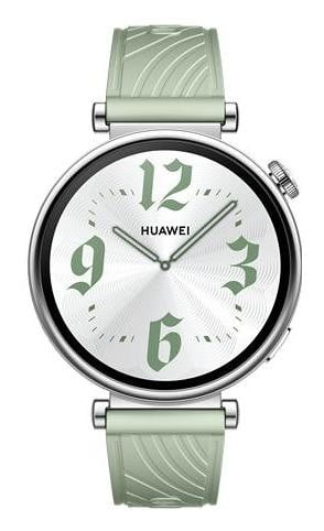 Relógio Huawei com pulseira verde e mostrador com detalhes prateados e verdes.