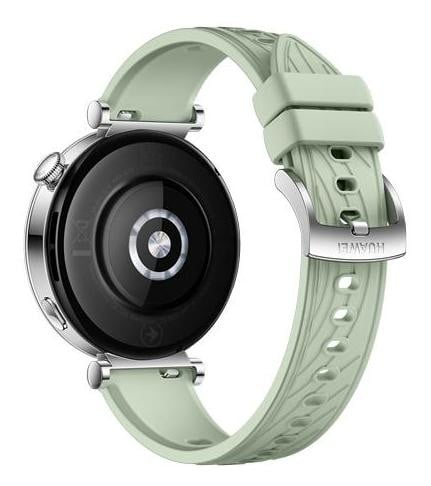Smartwatch verde com mostrador digital e fivela prateada na pulseira.