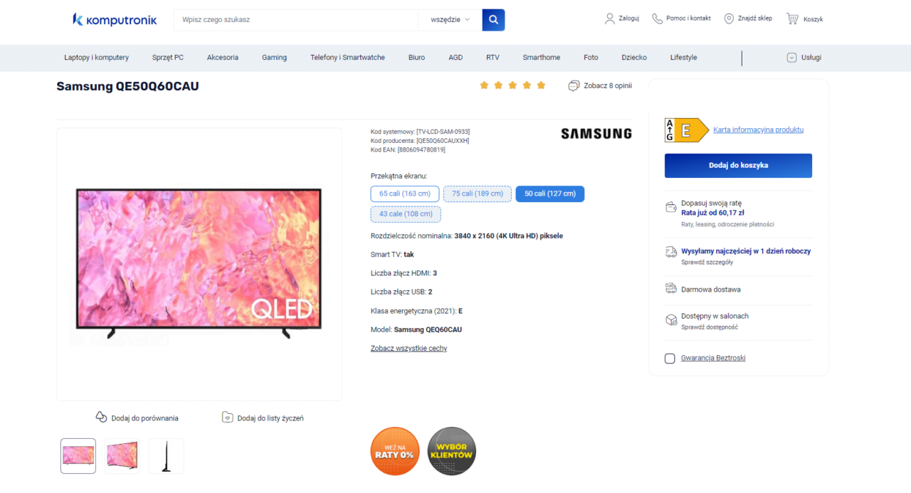 50-calowy telewizor Samsung QLED za rozsądną cenę. Strona produktu Samsung QE50Q60CAU w sklepie internetowym Komputronik.