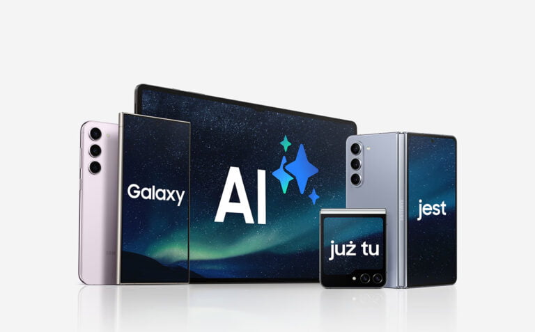 Różne modele smartfonów Galaxy z rozłożonymi ekranami wyświetlającymi tło kosmiczne oraz napisy "AI" i "już tu".