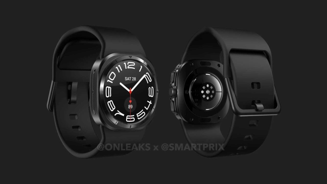 Czarny smartwatch Samsung Galaxy Watch7 Ultra z silikonowym paskiem, widok z przodu i z tyłu.