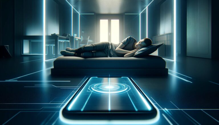 Kobieta śpiąca na kanapie w futurystycznym pokoju oświetlonym neonami.