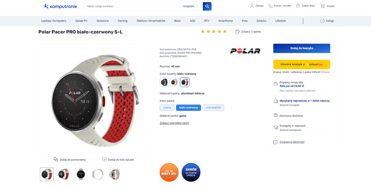 Polar Pacer PRO biało-czerwony zegarek sportowy na stronie sklepu Komputronik.
