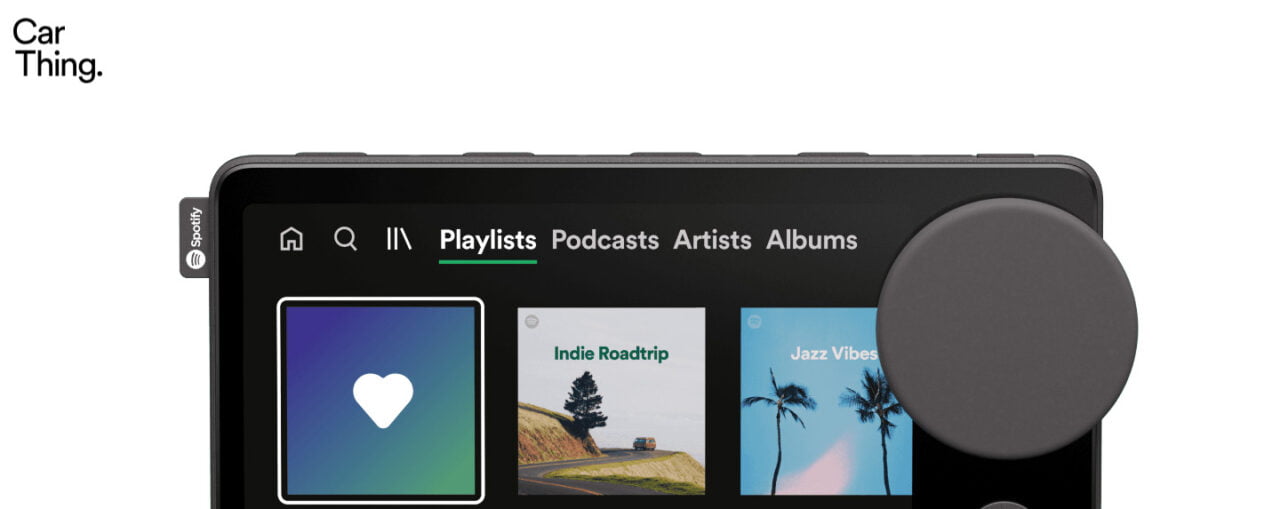 Ekran Spotify Car Thing od Spotify z podświetlonym zakładką "Playlists" i trzema widocznymi playlistami: ulubione, Indie Roadtrip, Jazz Vibes.