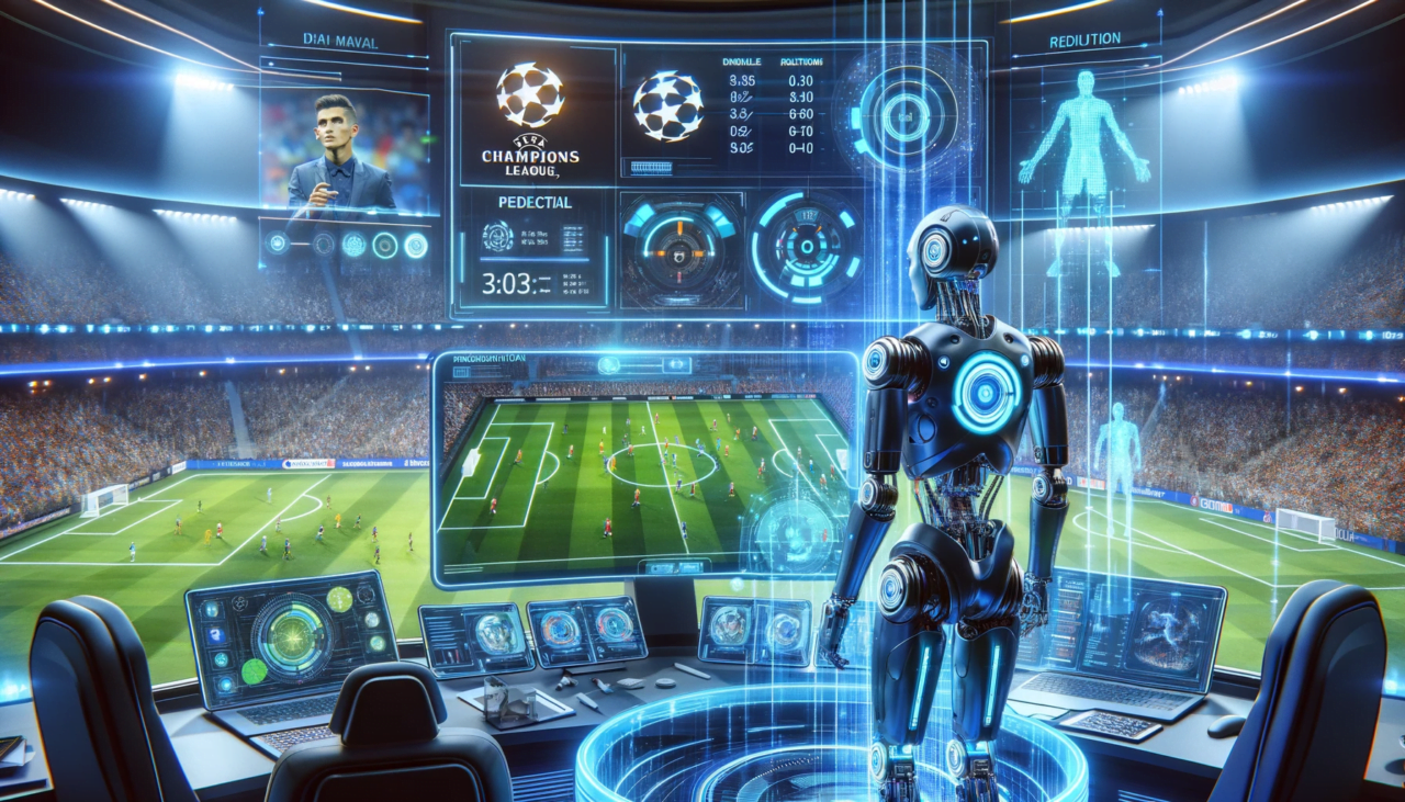 AI vs. polski futbol. Robot analizujący mecz piłki nożnej na stadionie za pomocą zaawansowanych technologii i hologramów.