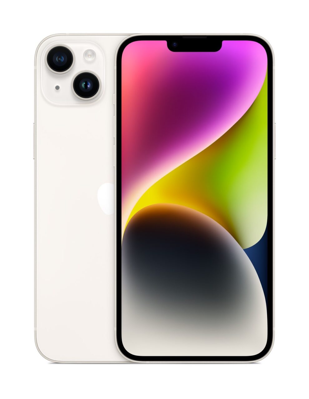 iPhone 14 w kolorze białym, widok z przodu i z tyłu.