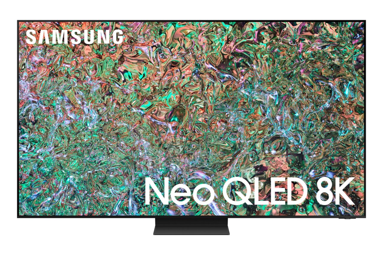 Telewizor Samsung Neo QLED 8K z kolorowym, abstrakcyjnym obrazem na ekranie.