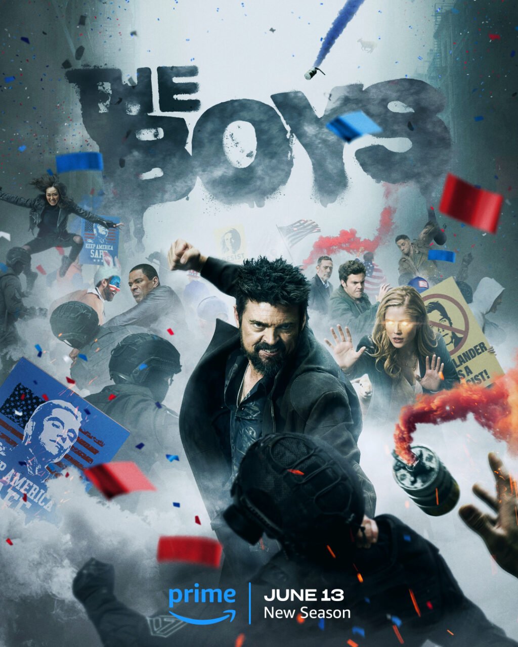 Kiedy premiera The Boys 4. Plakat promujący nowy sezon serialu "The Boys" z napisem "June 13" i logo Prime Video. Na pierwszym planie mężczyzna walczący z opancerzonymi funkcjonariuszami, w tle chaos i rzucane w górę przedmioty.