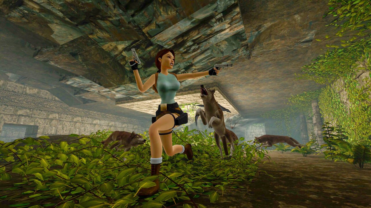 Kobieta z dwoma pistoletami walczy z wilkami w ruinach porośniętych roślinnością.