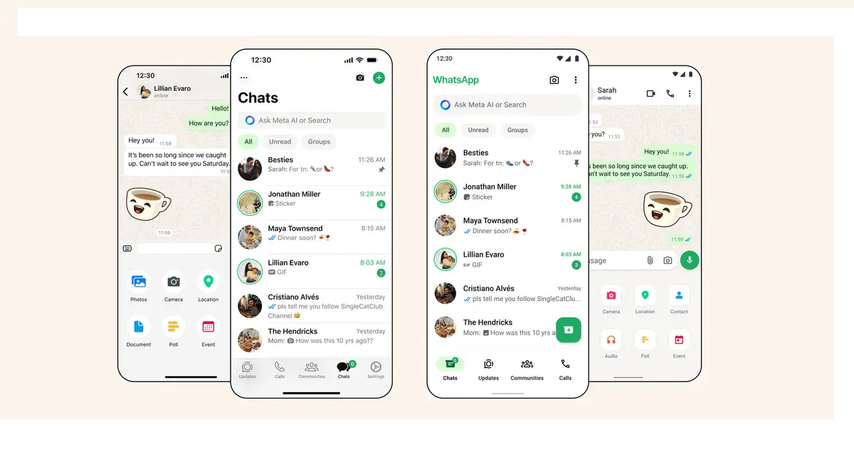 Quatro visualizações de smartphones com diferentes telas do WhatsApp mostrando chats, mensagens e opções de envio de diferentes tipos de mídia.