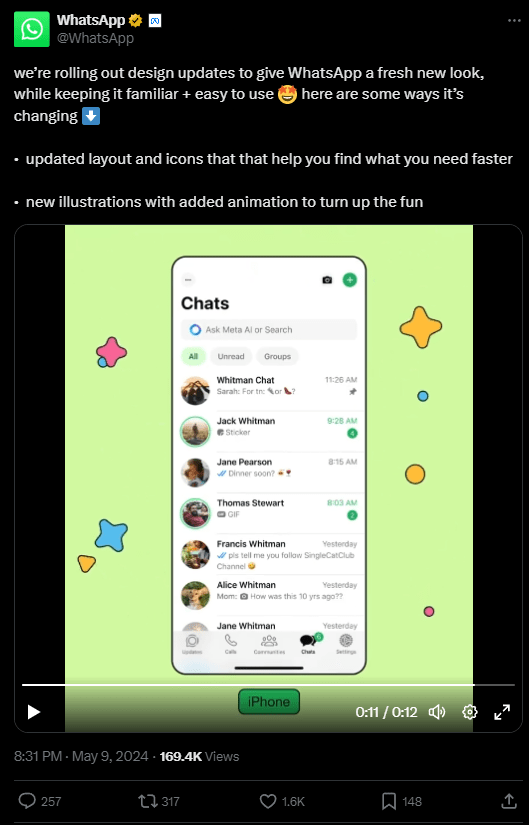 Captura de tela de uma atualização do WhatsApp, mostrando o novo layout e ícones na aba de conversas, com ilustrações coloridas ao fundo.