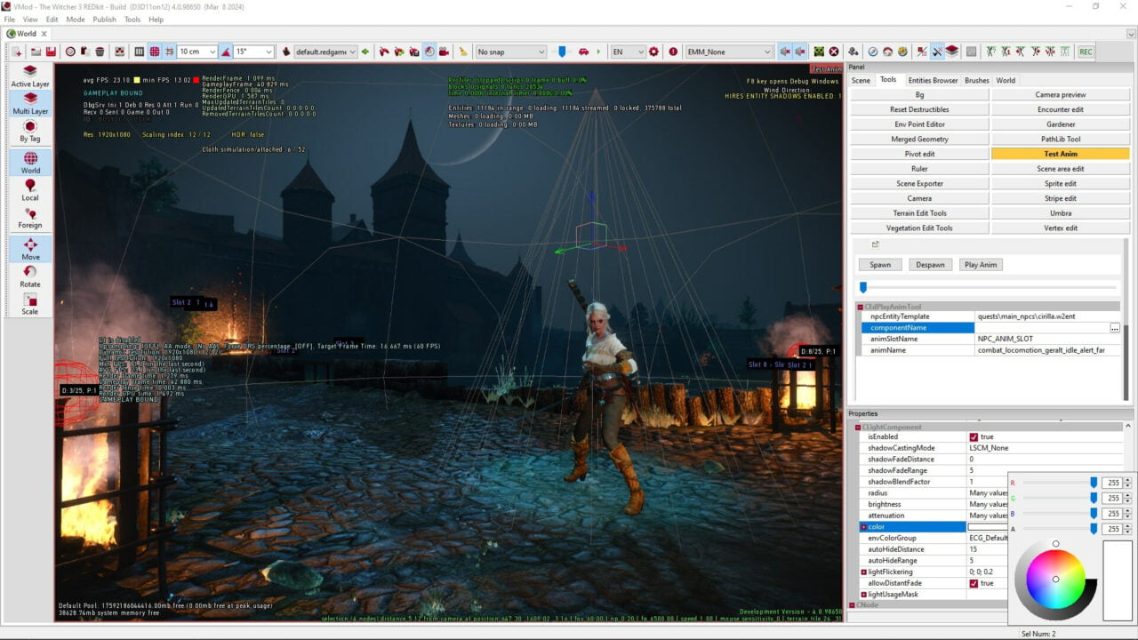 Wiedźmin 3 REDkitZrzut ekranu z narzędzia do tworzenia gier wideo przedstawiający postać w trakcie animacji w środowisku nocnym, z wyświetlanymi panelami narzędzi i statystykami gry.