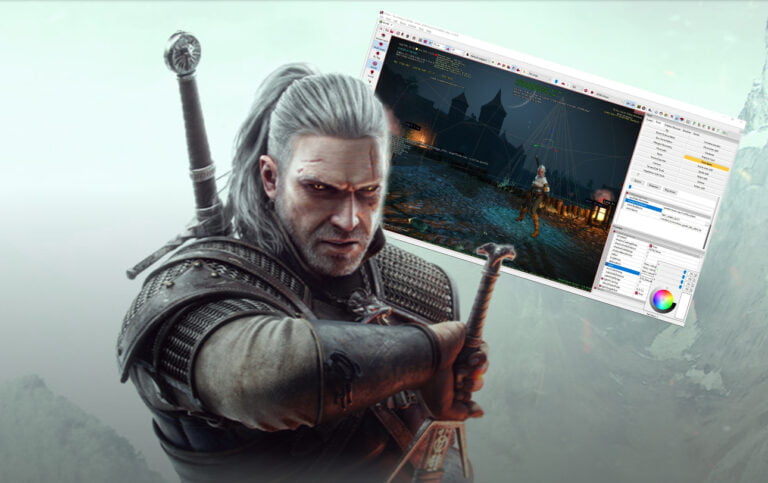 Zbliżenie na postać Geralta z Rivii z gry Wiedźmin 3 na tle ekranu monitora z otwartym edytorem graficznym pokazującym postać z tej samej gry.