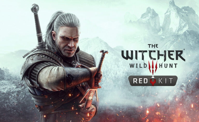 Geralt z Rivii z gry "The Witcher 3: Wild Hunt" z mieczem na tle gór, obok logo gry i napisu "REDkit".