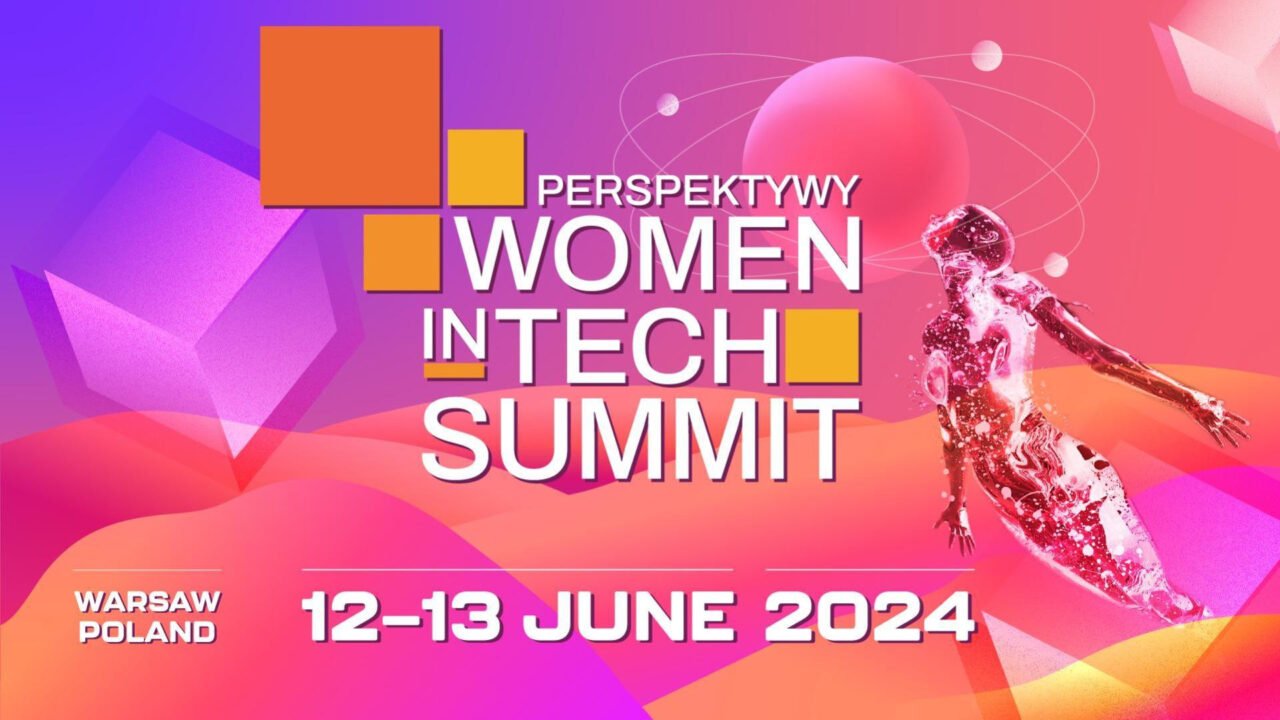 Plakat dla Perspektywy Women in Tech Summit w Warszawie, 12-13 czerwca 2024, z grafiką cyfrową postaci kobiety w technologicznym stylu na tle abstrakcyjnych kształtów i datą wydarzenia.