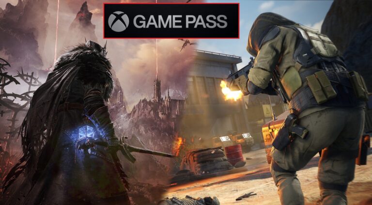 Reklama Xbox Game Pass przedstawiająca postacie z gier wideo z fantastycznym i współczesnym otoczeniem, w tym postać z mieczem i żołnierza ze strzelbą.