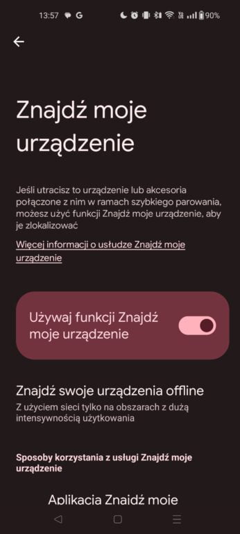 Ekran aplikacji z włączoną funkcją "Znajdź moje urządzenie" na telefonie.