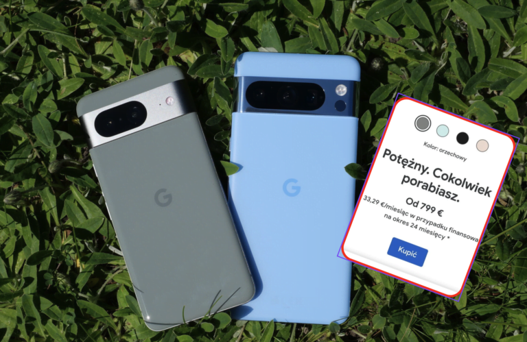 Dwa smartfony Google, jeden w szarym i drugi w niebieskim kolorze, leżące na zielonej trawie z nakładką reklamową z informacją o produkcie.